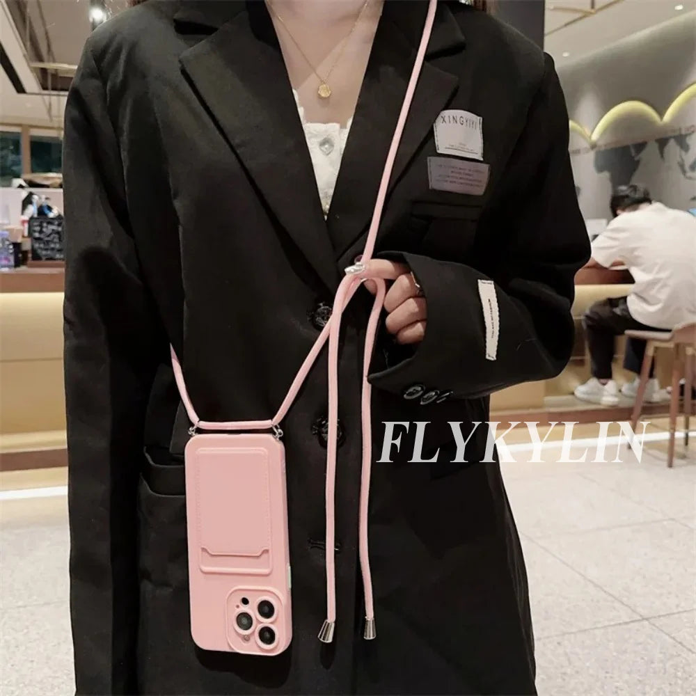 Flat Rope Solid Color Card Bag Phone Case For Xiaomi Redmi Note 14 13 12 Pro 11 10 Pro Plus 11S 10S Hanging Rope Soft Silicone