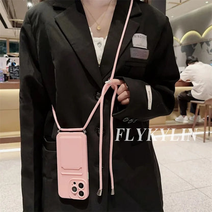 Flat Rope Solid Color Card Bag Phone Case For Xiaomi Redmi Note 14 13 12 Pro 11 10 Pro Plus 11S 10S Hanging Rope Soft Silicone