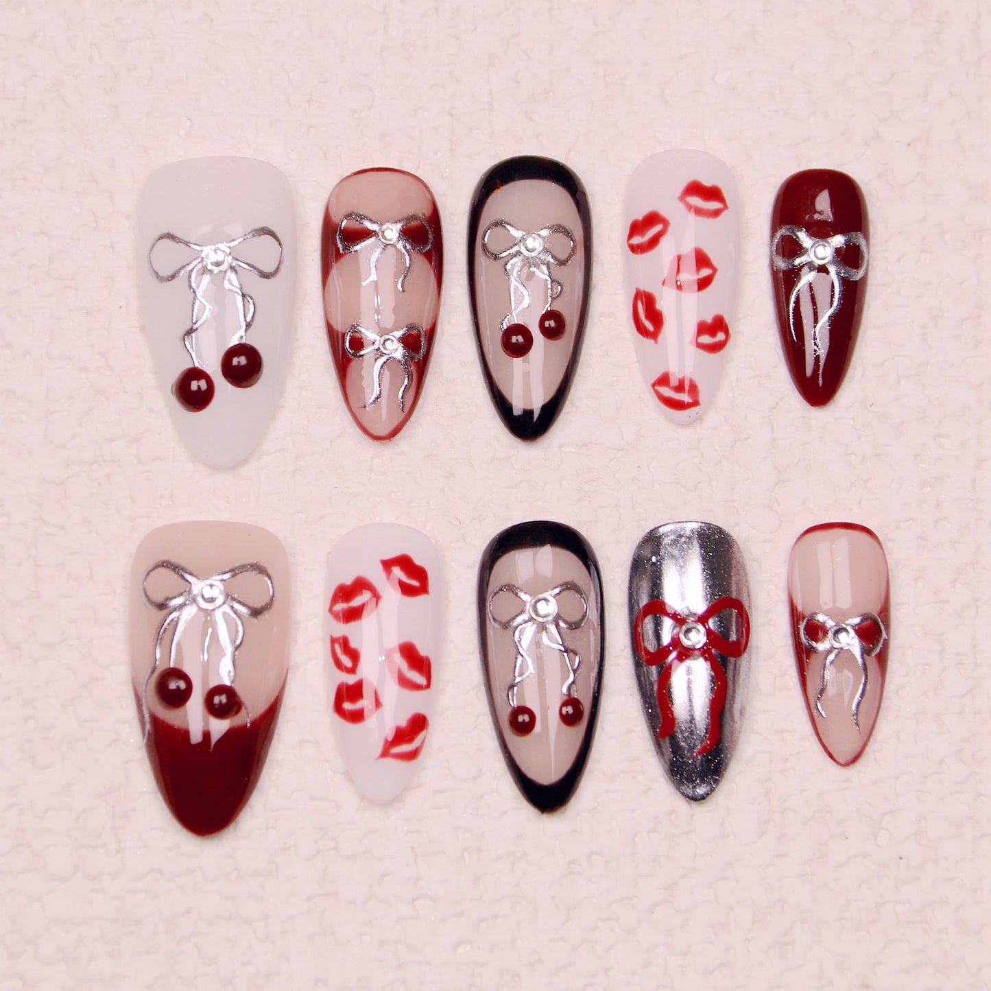 10Pcs Handmade Manicure Medium Almond Fake Nails Unique 3D New Cut bow Flowers Press On Nails Design with Adhesive Nail File Set