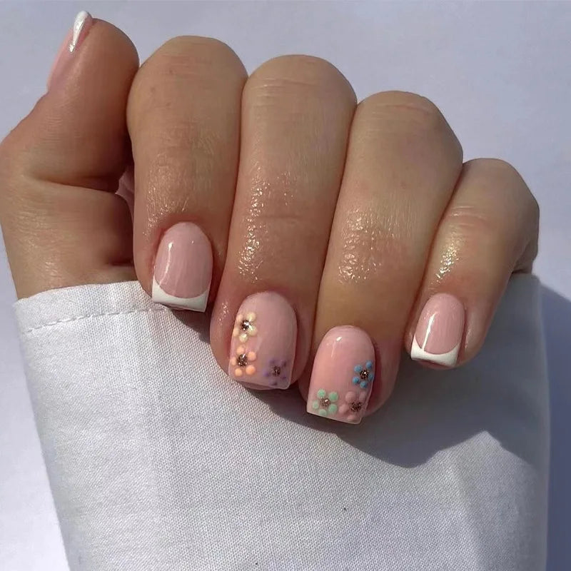 24Pcs Spring Colorful French Fake Nail with Designs Short Square Head Press on False Nails Wearable Simple Jelly Sticks on Nails