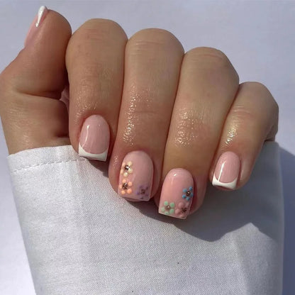 24Pcs Spring Colorful French Fake Nail with Designs Short Square Head Press on False Nails Wearable Simple Jelly Sticks on Nails