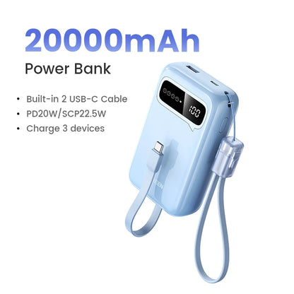 UGREEN 20000mAh Dual Type C Cable Power Bank Fast Charge Portable PowerBank for iPhone 17 16 Pro Max PD 20W External Battery