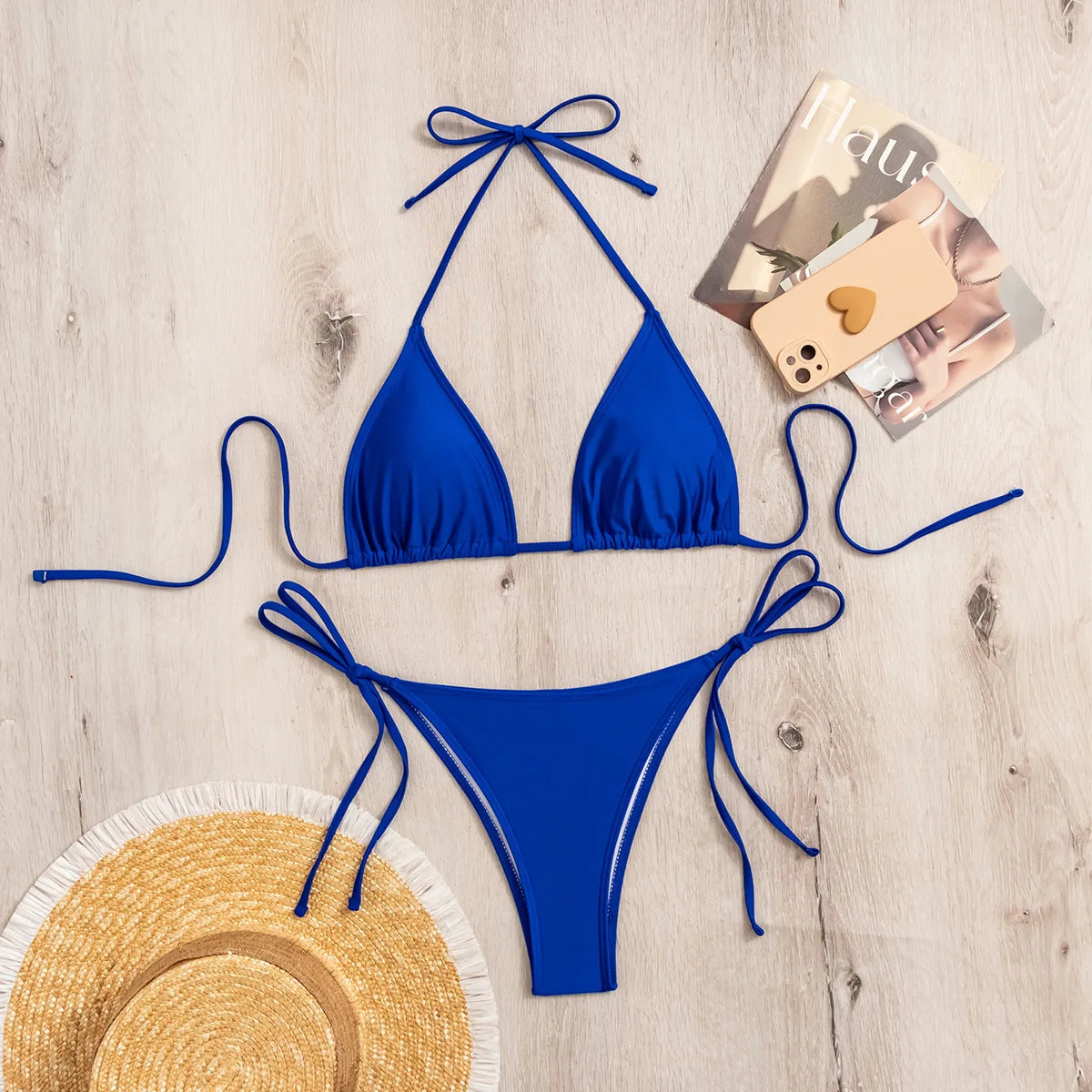 Bikini three-point swimsuit sexy drawstring strap halter bikini solid color lace-up split swimsuit