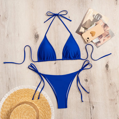 Bikini three-point swimsuit sexy drawstring strap halter bikini solid color lace-up split swimsuit