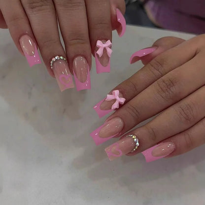 White French Press on Nails 3D Bowknot Fake Nails Tips Full Cover Wearable False Nails for Women and Girls DIY Manicure 24Pcs