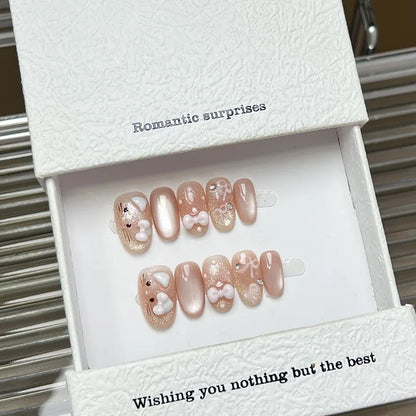 10pcs Handmade Pink Press on Nails Sweet Bow Design Round Head Fake Nail Tips Wearable Reusable Shiny Cat Eye Korean False Nails