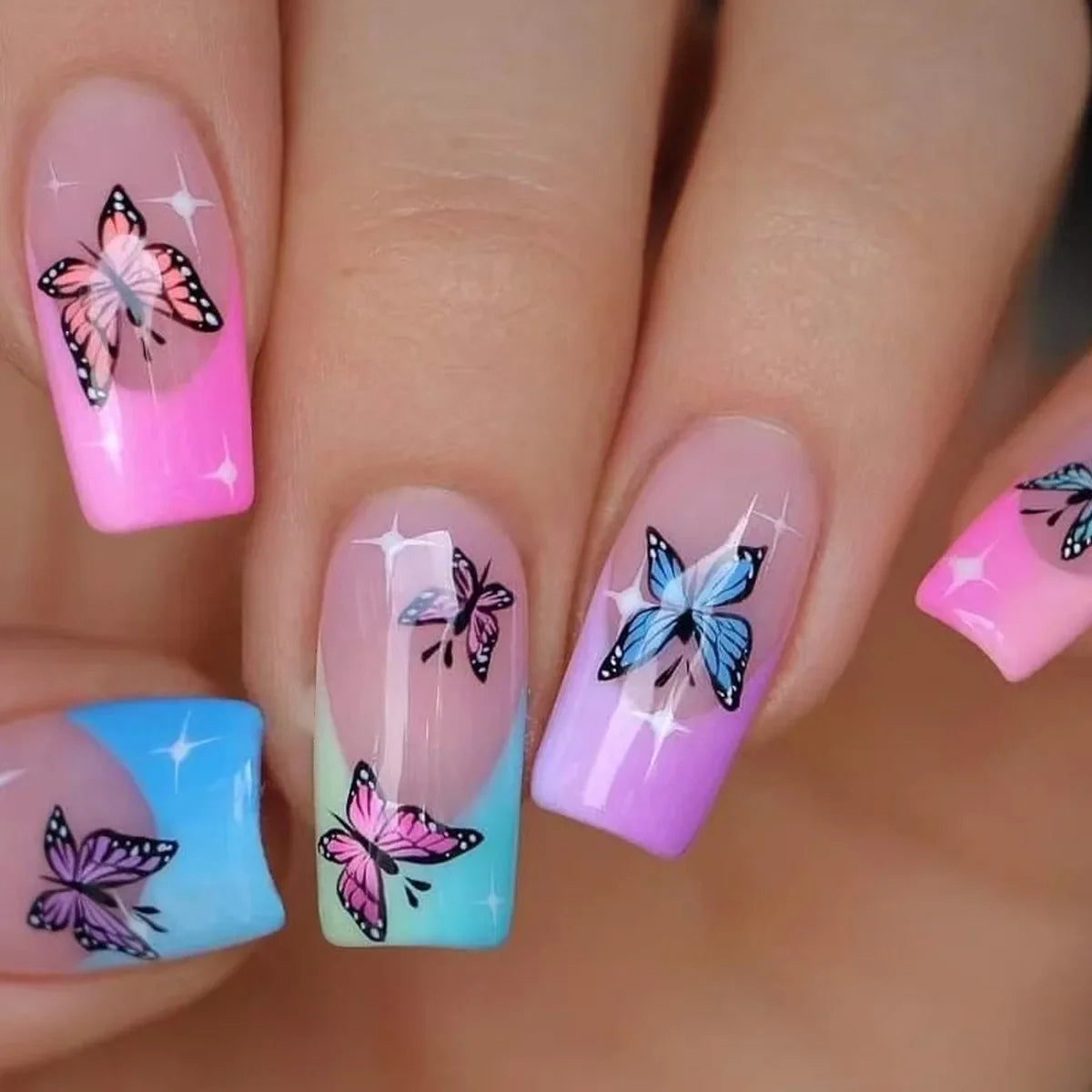 24Pcs Fashion French Fake Nails Colorful Glitter with Butterfly Patterns Medium Square False Nail Art Wearable Acrylic Nail Tips