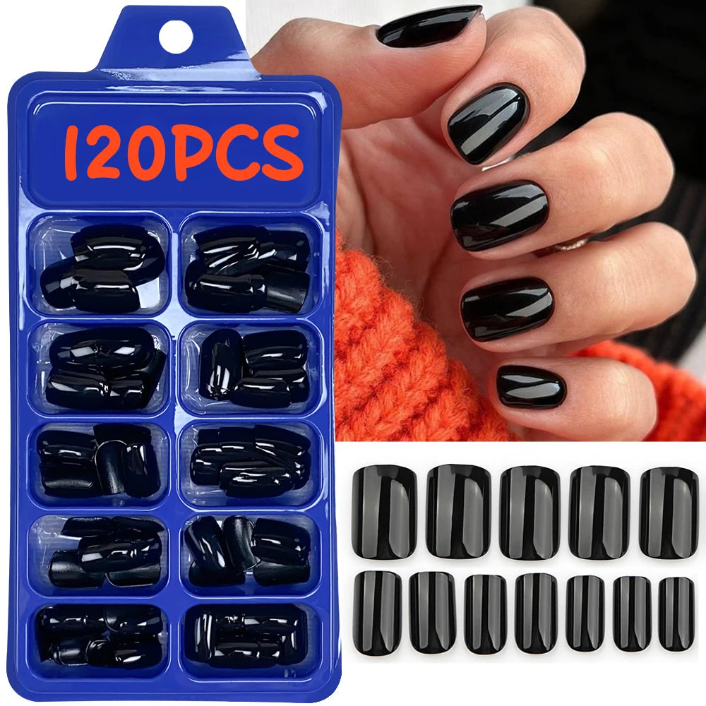 120Pcs Classic Glossy Black Fake Nails Full Cover Press On Nails Short Round Reusable False Fingertips DIY Women Manicure Tools