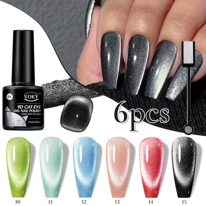 6pc Glitter Cat Magnetic Nail Gel Polish Set Cat Eye Holographic Reflective Semi Permanent UV Gel Soak Off Sparkling Nail Art