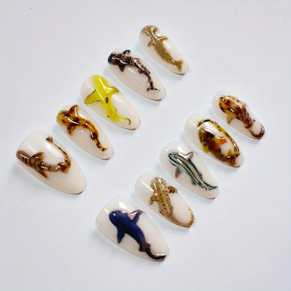 10pcs Handmade Press on Nails Cartoon Shark Pattern Design Fake Nails Wearable Detachable Ins Simple Almond Shaped False Nails
