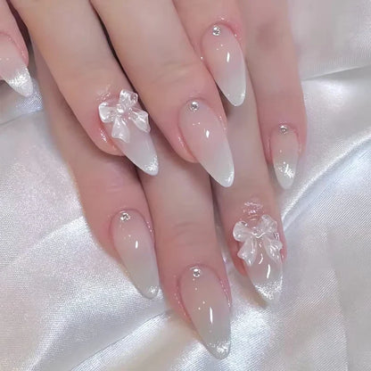 24Pcs Almond White French Press on Nails Pearl Bow False Nail Short Rhinestones Removable Nail stickers for Women and Girls