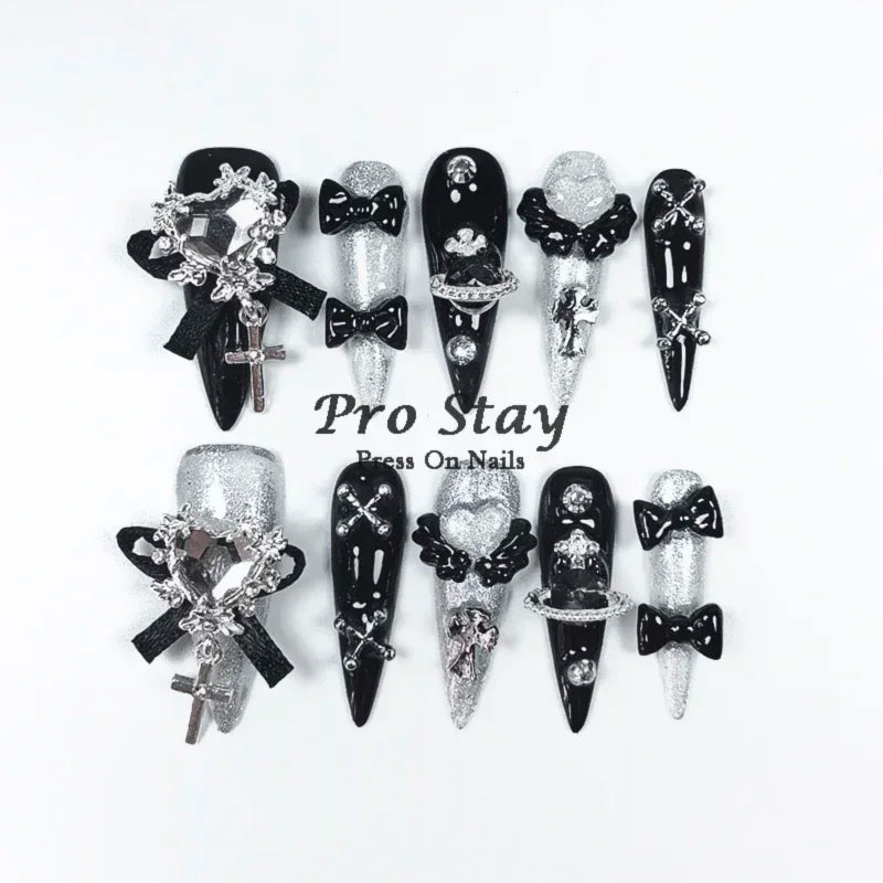10pcs Dark black Y2k Hot Girl Handmade Press On Nails Sweet Cool  With Diamond Metal Decoration Wearable Artificial False Nail