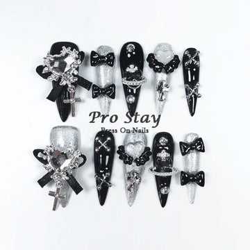 10pcs Dark black Y2k Hot Girl Handmade Press On Nails Sweet Cool  With Diamond Metal Decoration Wearable Artificial False Nail