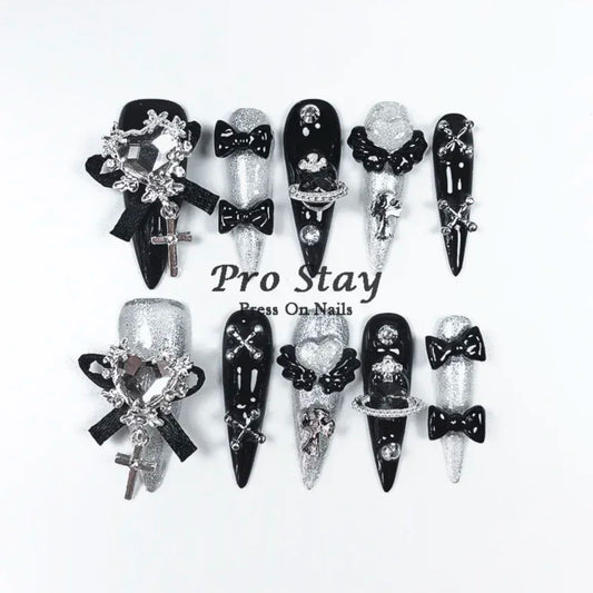 10pcs Dark black Y2k Hot Girl Handmade Press On Nails Sweet Cool  With Diamond Metal Decoration Wearable Artificial False Nail
