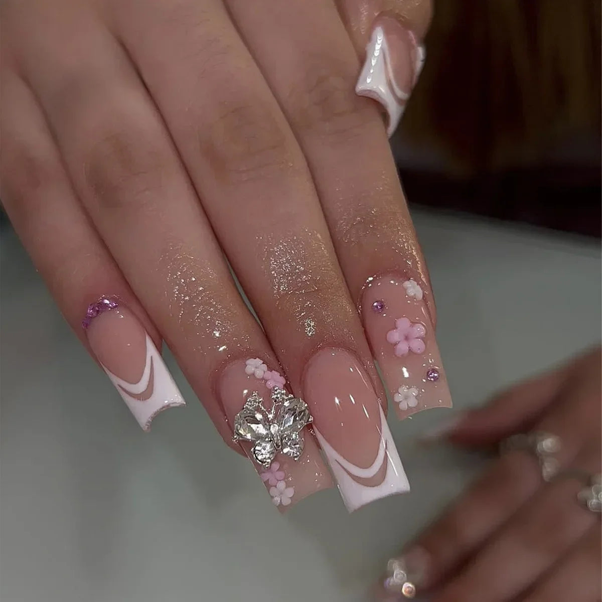 24Pcs Long Square False Nails Simple White French Fake Nails Wearable Ballet Coffin Full Cover Nail Tips Acrylic Press on Nails