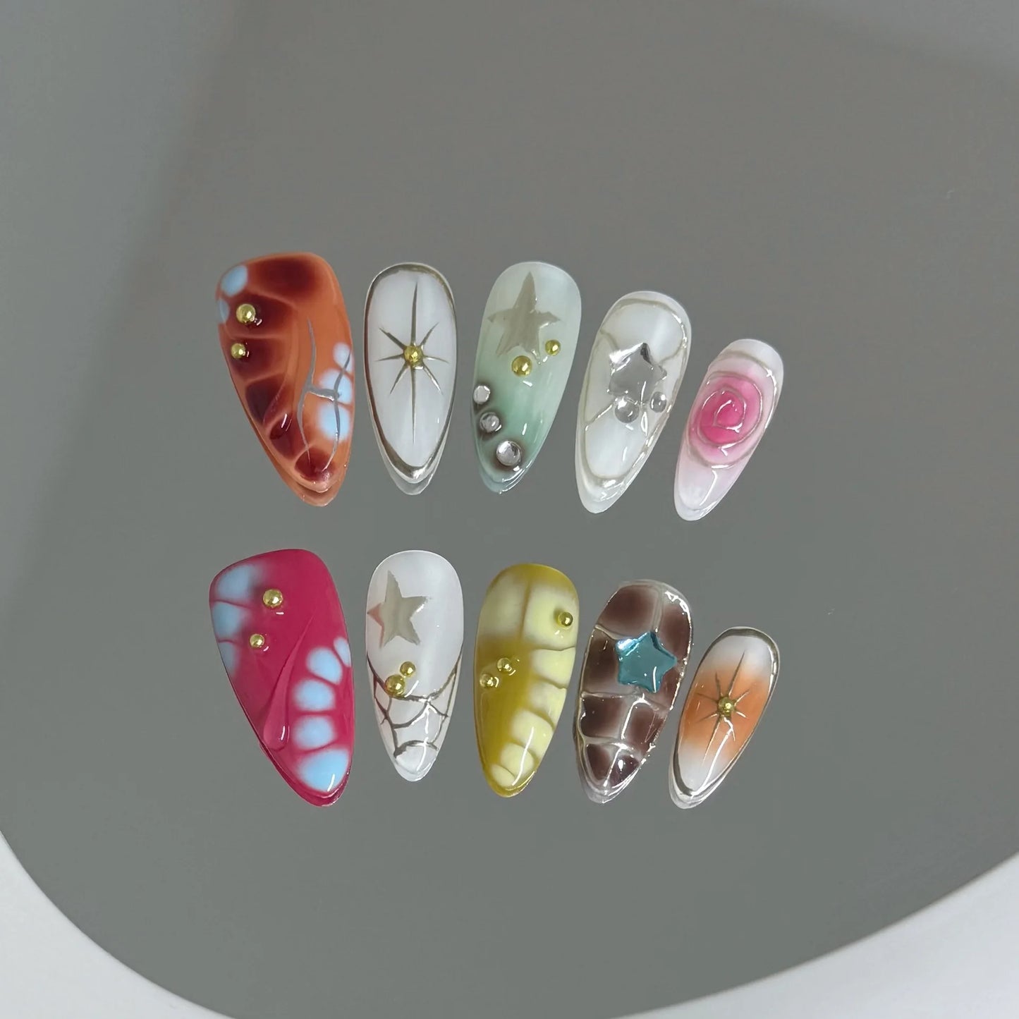 10pcs Handmade y2K Press on Nails Sweet Cool Crocodile pattern Almond Fake Nail Tips Wearable Ins Blush Spice Girls False Nails