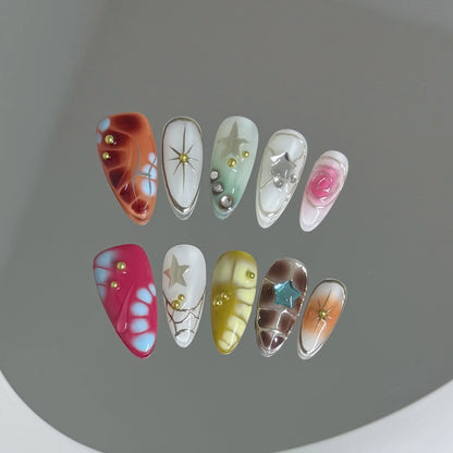 10pcs Handmade y2K Press on Nails Sweet Cool Crocodile pattern Almond Fake Nail Tips Wearable Ins Blush Spice Girls False Nails