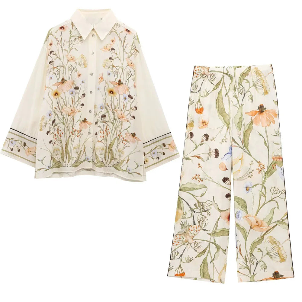 TRAF&Women 2025 Summer New Product Fashion Positioning Printed Long sleeved Shirt+Casual Elastic Waist Pants Set Blouses Mujer