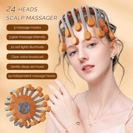 24 Heads Octopus Claw Head Massager Electric Scalp Massager 24 Point Vibration Massage Scratcher Bluetooth Music Relaxation
