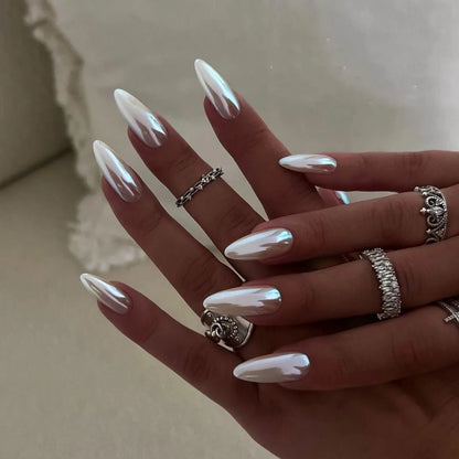 24Pcs Long Almond Fake Nails with White Edge Design Wearable French Press on False Nails Simple Full Cover Nail Tips Manicure