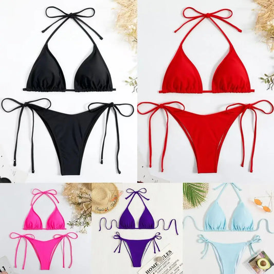 Bikini three-point swimsuit sexy drawstring strap halter bikini solid color lace-up split swimsuit