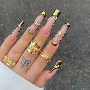 24Pcs Gold French Border False Nails Long Coffin False Nails with Rhinestones Ballerina Full Cover Nail Tips Press on Nails