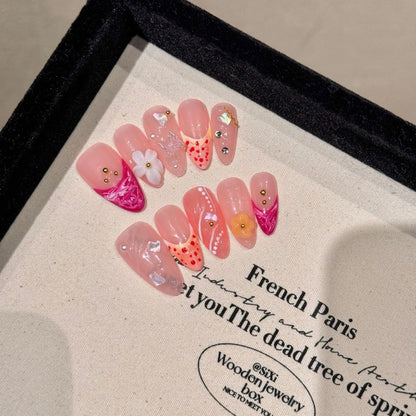 Handmade Press on Nails 3D Flower Snake Design Fake Nail Tips for Girls Wearable Detachable Sweet Gradient Almond False Nails