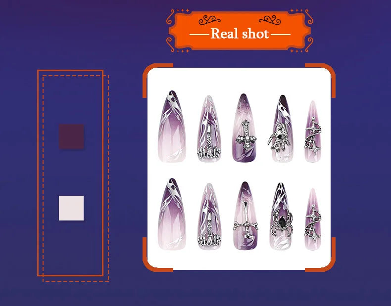 Halloween Cool Spice Style Spider Skull False Nails Purple Halo Dyeing Detachable Finished Fake Nails Press on Nail with Glue