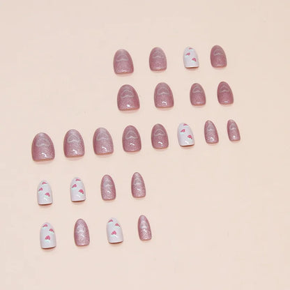 24Pcs Almond Press-On Nails in Pink Cat Eye with Heart & Strawberry Designs – Glossy Acrylic Stick-On Nails for Women & Girls