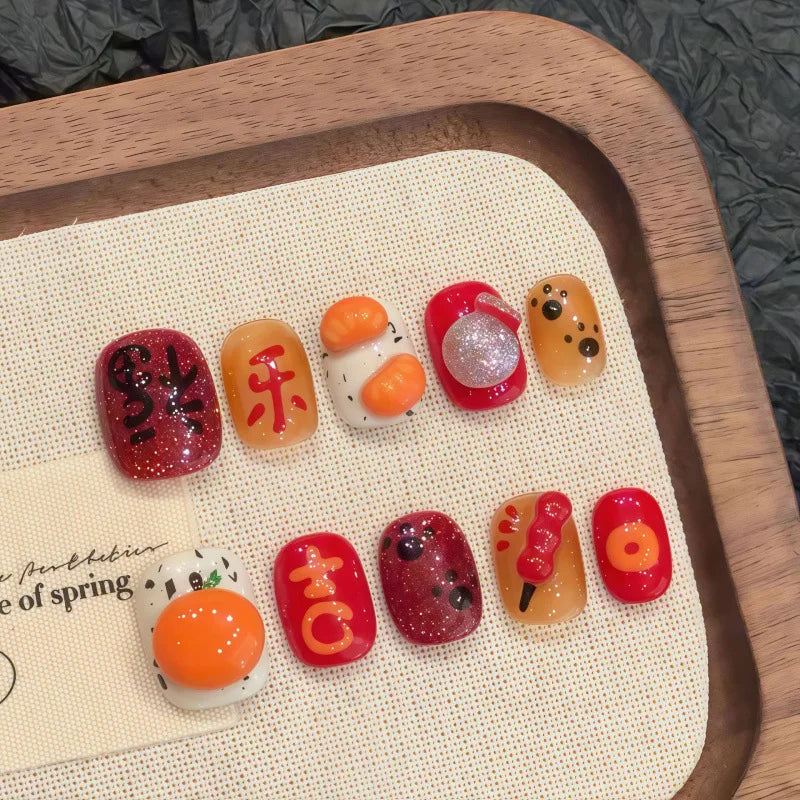 10Pcs Red Cat Eye Handmade Press on Nails Flower Fake Nails Wearable Stick-on Nails Full Cover False Nail Uñas Postizas 네일팁