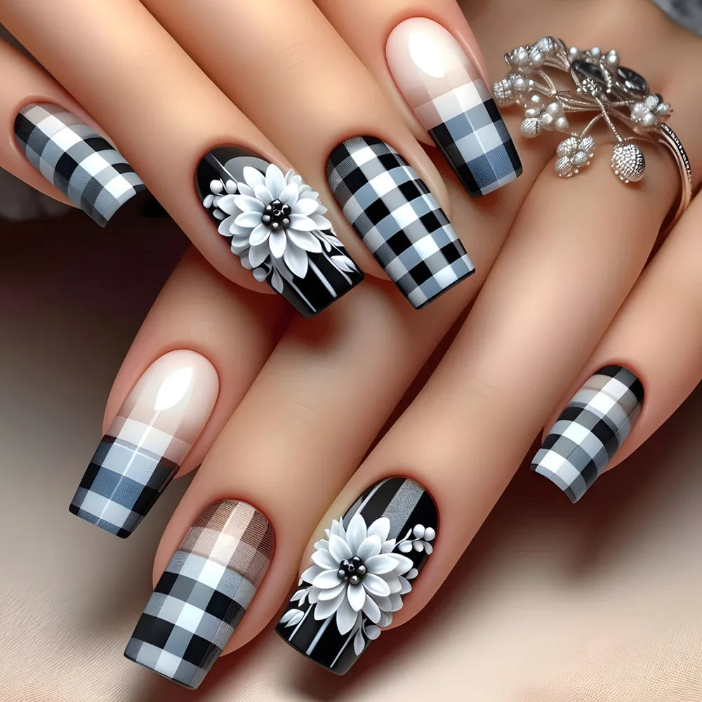24Pcs Ladder-shaped Ballet False Nails with Glue Stripe Floral Nail Art Ombre French Press on Acrylic Nail Tips for Spice Girls
