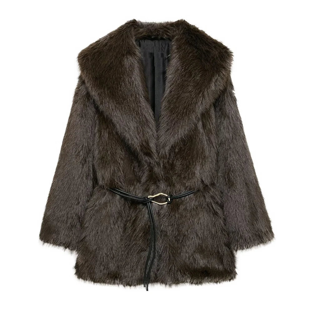 Women's Belt Decoration Collar Solid Color Medium Long Coat Autumn/Winter New Long Sleeve Loose Coat
