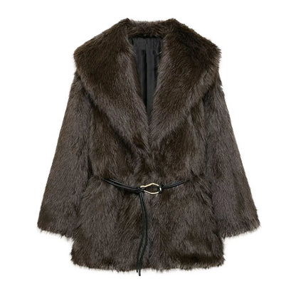 Women's Belt Decoration Collar Solid Color Medium Long Coat Autumn/Winter New Long Sleeve Loose Coat