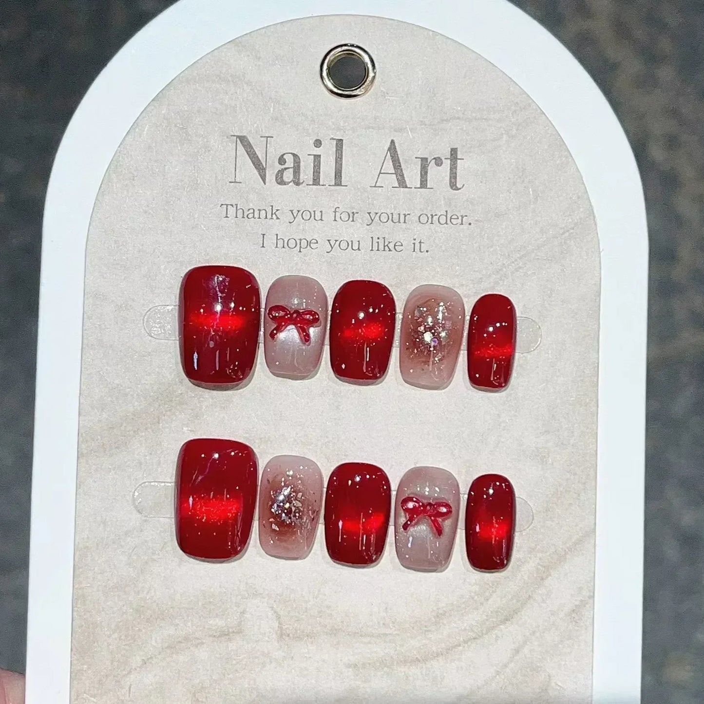 10Pcs Red Cat Eye Handmade Press on Nails Flower Fake Nails Wearable Stick-on Nails Full Cover False Nail Uñas Postizas 네일팁