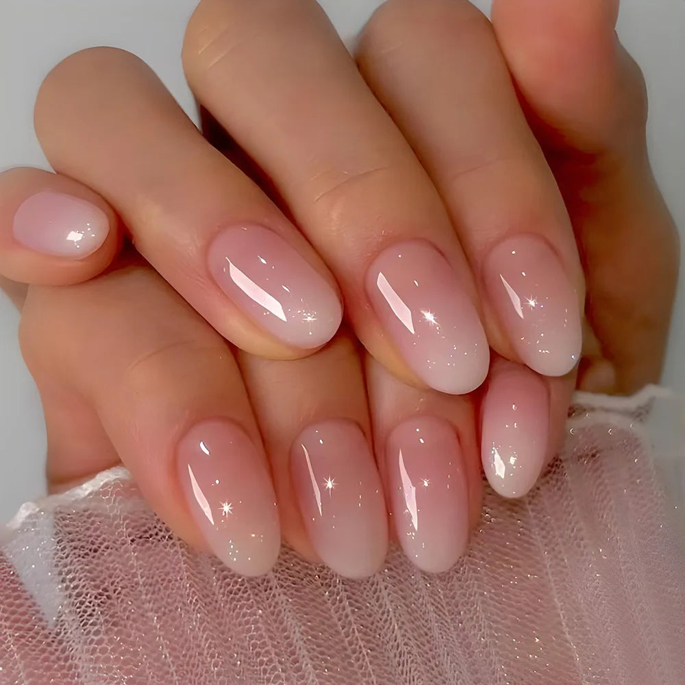 24Pcs Simple Fake Nail with Broken Diamond Short Square Press on False Nails Gradient White Wearable Ballet Full Cover Nail Tip