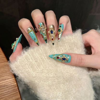 10pcs Green Long-pointed Press On Nails For Wedding Flash Gold Foil Chain Decors Luxury False Nails New Year French Fake Nail