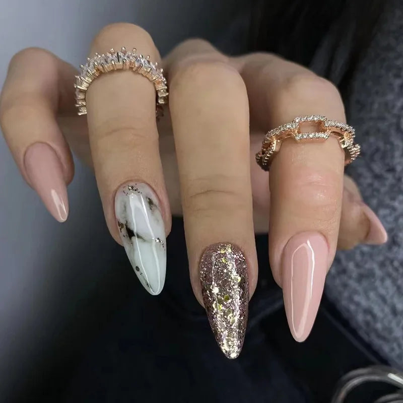 24Pcs Black Almond False Nails with Glue Wearable Long Stiletto Fake Nails Gold Foil Flash Design Full Cover Press on Nail Tips