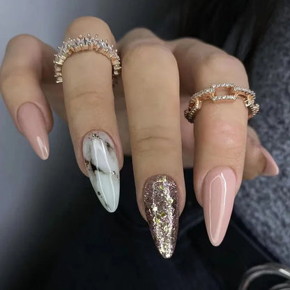 24Pcs Black Almond False Nails with Glue Wearable Long Stiletto Fake Nails Gold Foil Flash Design Full Cover Press on Nail Tips