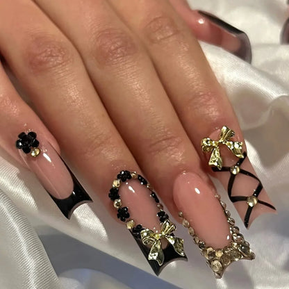 24pcs Long Ballet Press On Nails Black Cross Strap French Style Fake Naile With 3D Bowknot Decor Korean Reusable False Nail Tips