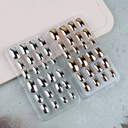 48 Pcs Gold Silver Mirror Chrome Kids Nails Press On Metalic False Nail Art Tips Pre-glue Short Oval Full Cover Fake Nails