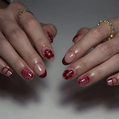 24pcs Women'S Nail Set Burgundy Almond Shape Medium Length Solid Color with Floral Golden Dust Design Fake Nails for Women/Girls