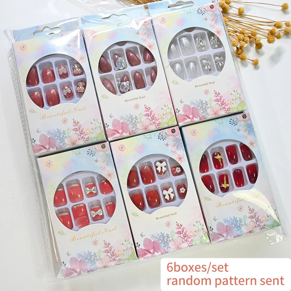6 Boxes/set Press On Nails Full Cover Sweet Pink Red Short Round Head False Nails Manicure Wearable Nail Tips with Jelly Gel