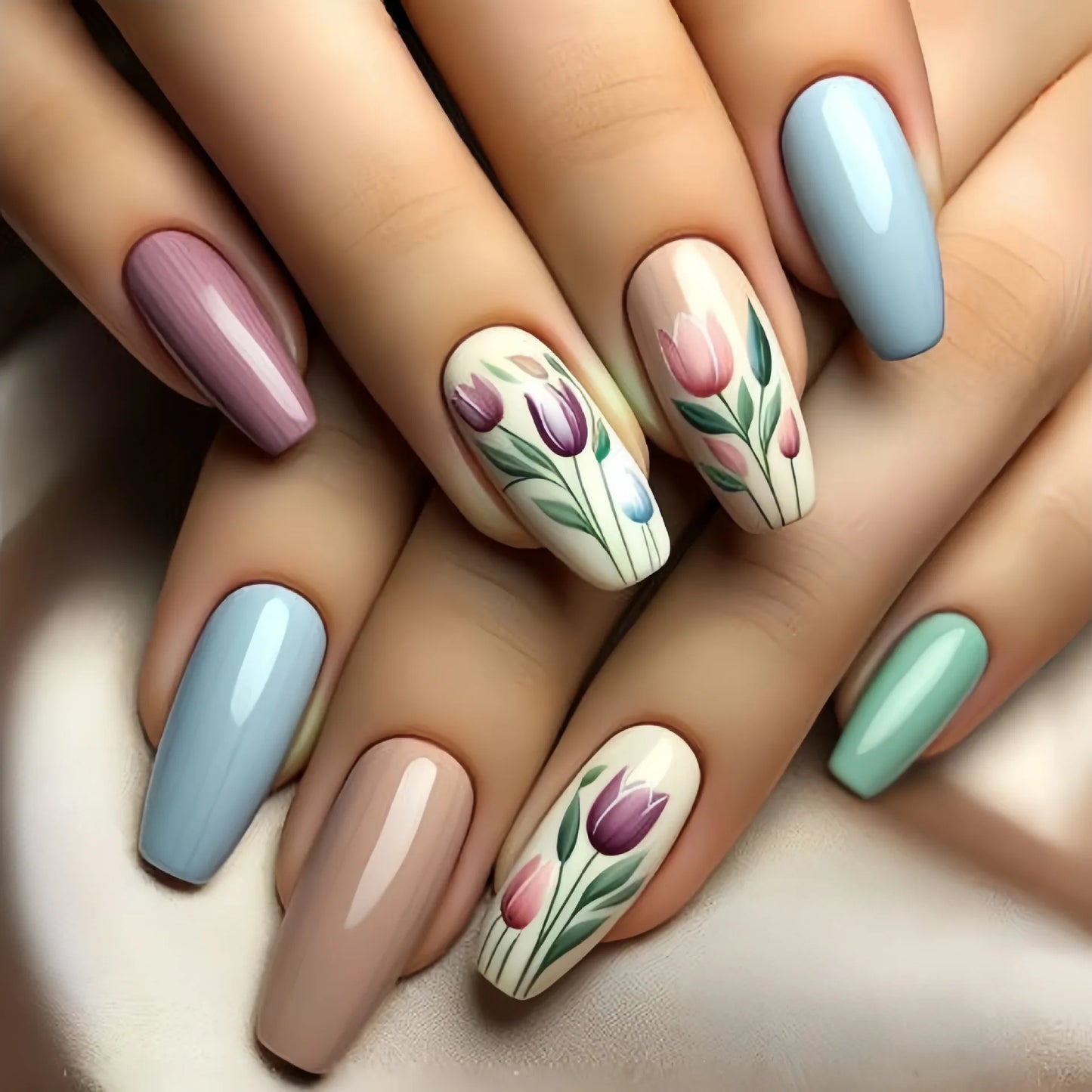 24pcs Press on Nails Flower Design Mid-length Ballet False Nail Fashion Brown Full Cover Manicure Tips Datachable Fake Nails Set