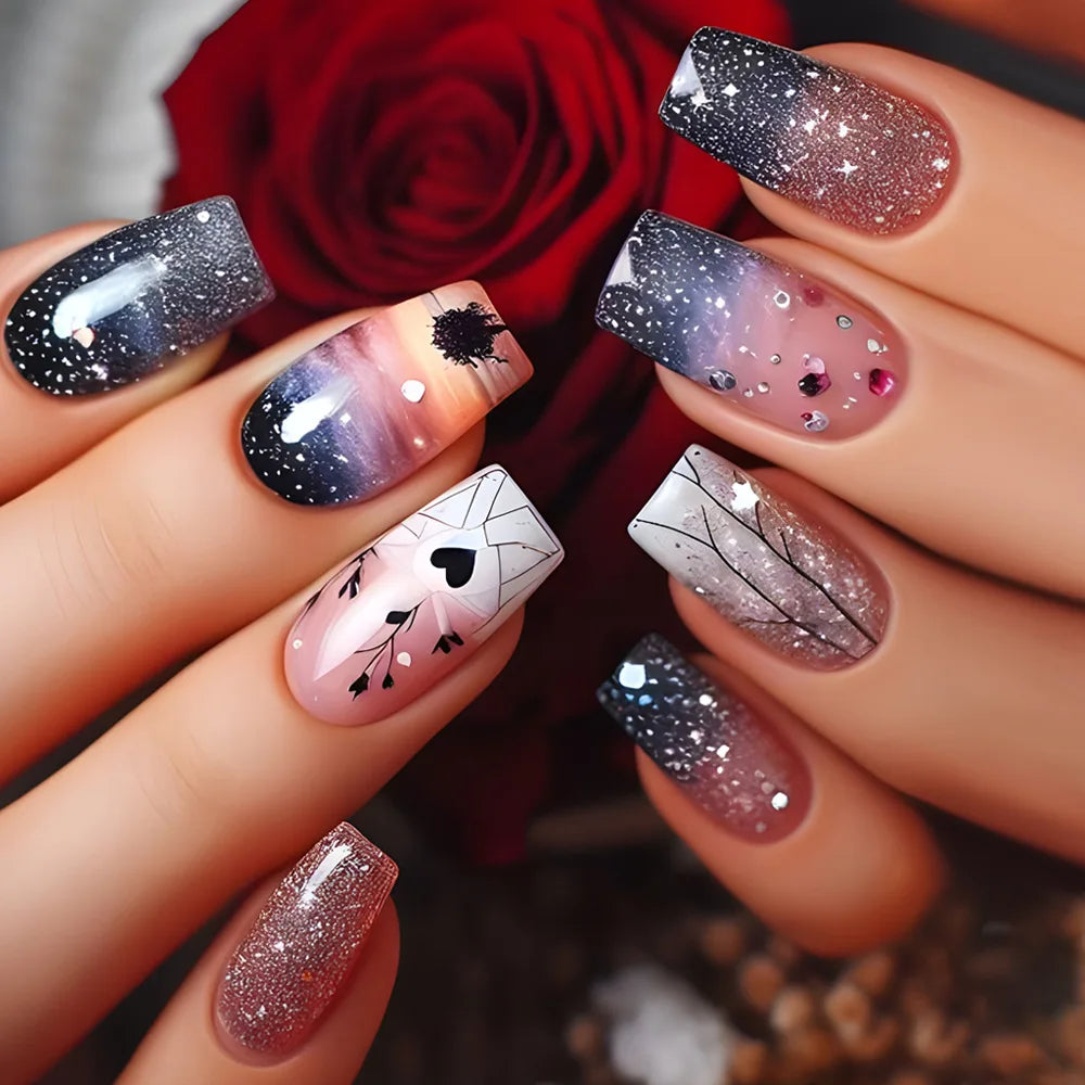 24pcs Press on Nails Flower Design Mid-length Ballet False Nail Fashion Brown Full Cover Manicure Tips Datachable Fake Nails Set