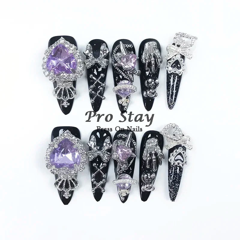 10pcs Dark black Y2k Hot Girl Handmade Press On Nails Sweet Cool  With Diamond Metal Decoration Wearable Artificial False Nail