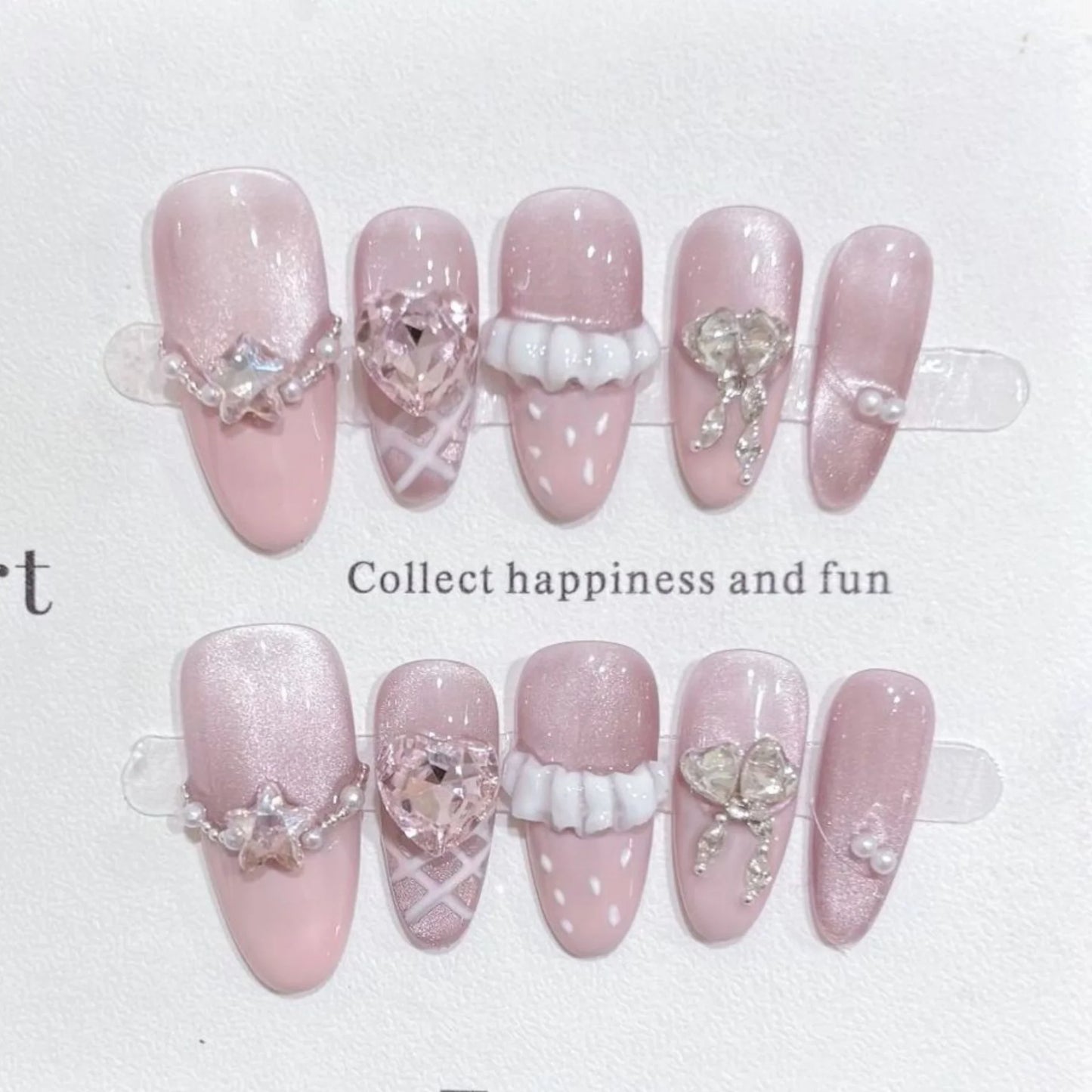 10pcs Purple Cat's Eye Handmade Fake Nails Tips Glitter Mid-length Oval Press on Nails Art Bow Rhinestone Design False Nail Sets