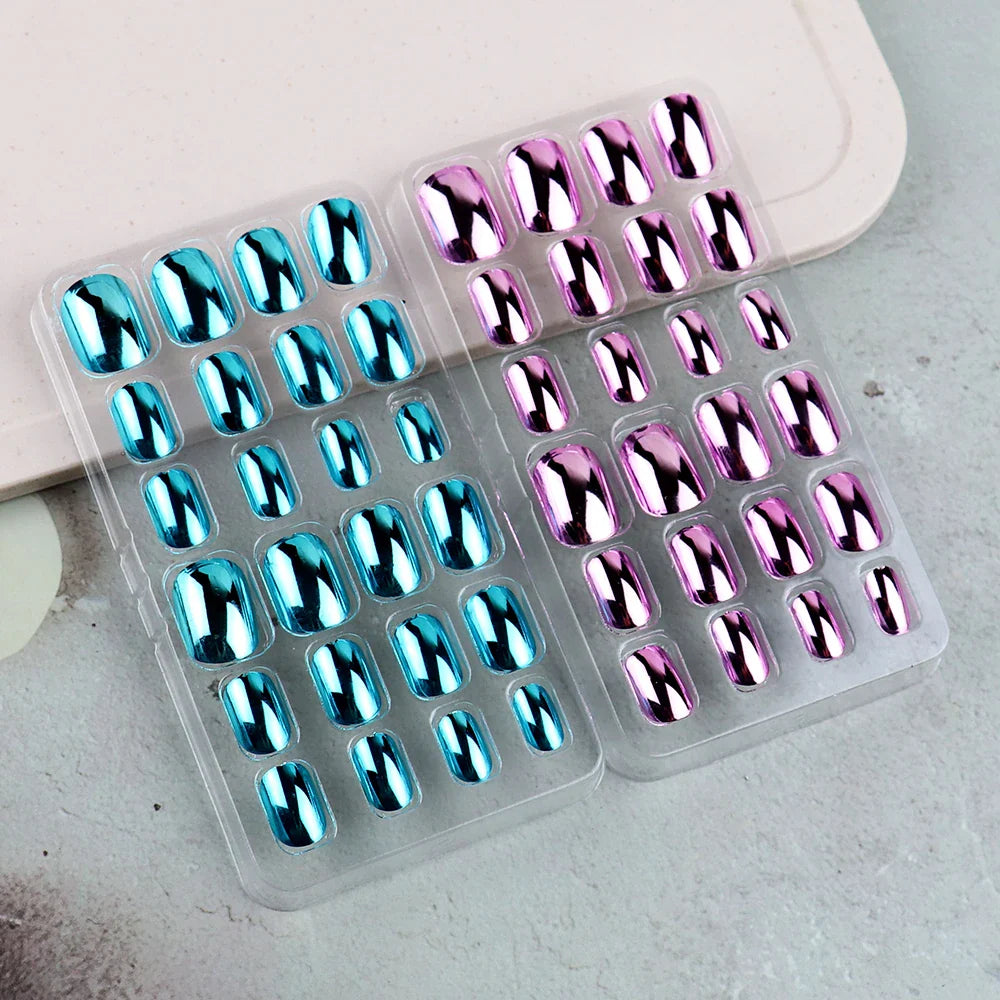 48 Pcs Gold Silver Mirror Chrome Kids Nails Press On Metalic False Nail Art Tips Pre-glue Short Oval Full Cover Fake Nails