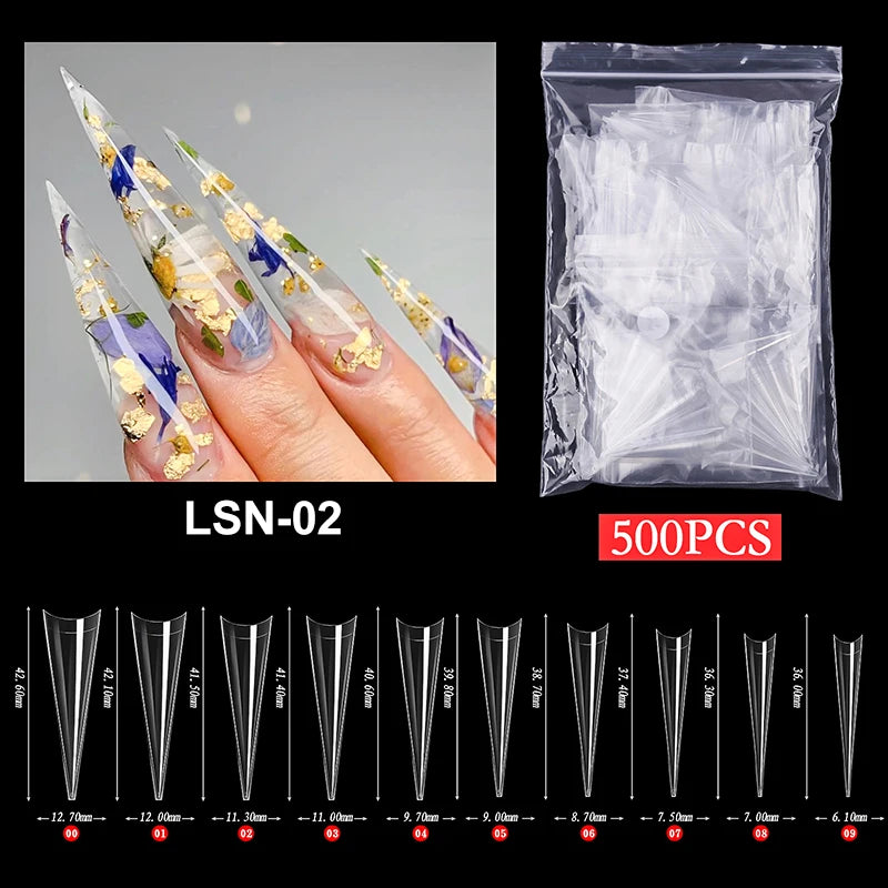 Super Long Sharp Nail Tips Fake Natural Transparent False Nails Durable Extension Acrylic UV Gel Manicure Salon Tools Supplies