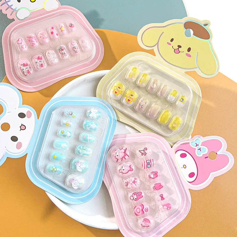 12pcs Kids 3D Stereo Sanrio Fake Nails Patch Sweet Girls Cute Cartoon Hello Kitty press on nails Kuromi Child Wearable FalseNail