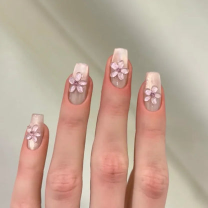 Pink Magic Mirror French 3D Flowers Nail Art Fashion Almond Wearable False Nails Detachable Finished Fake Nails Press on Nails